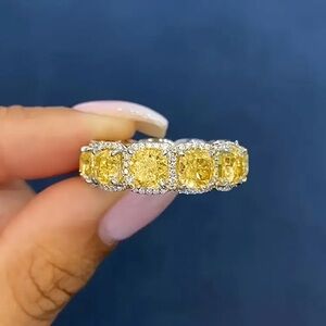 Eternity Ring Canary Simulated  Diamond and 18k White Gold over Sterling Silver